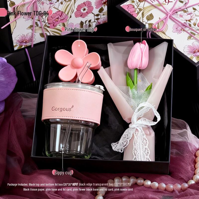 Pink Flower Glass Cup Set