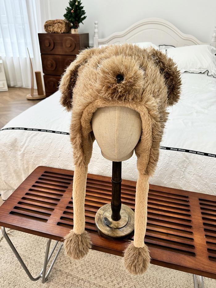 Thickened Plush Hat Female Winter Cute Moving Cartoon Ears Warm Ear Protection Cycling Pullover Hat