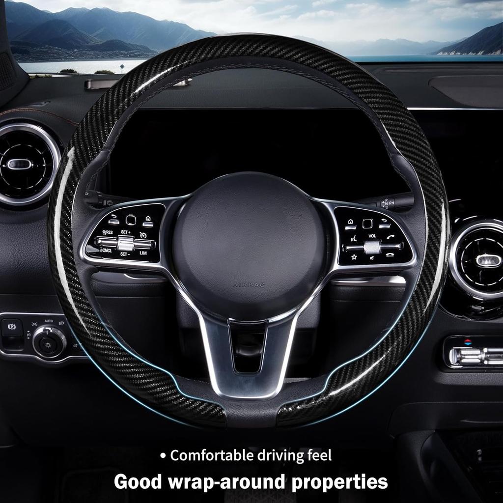 Car Steering Wheel Cover Carbon Fiber Snap On Steering Wheel Accessories Wrap 14.5-15 Inch Universal Grip Anti-Skid Protector, Glossy Black