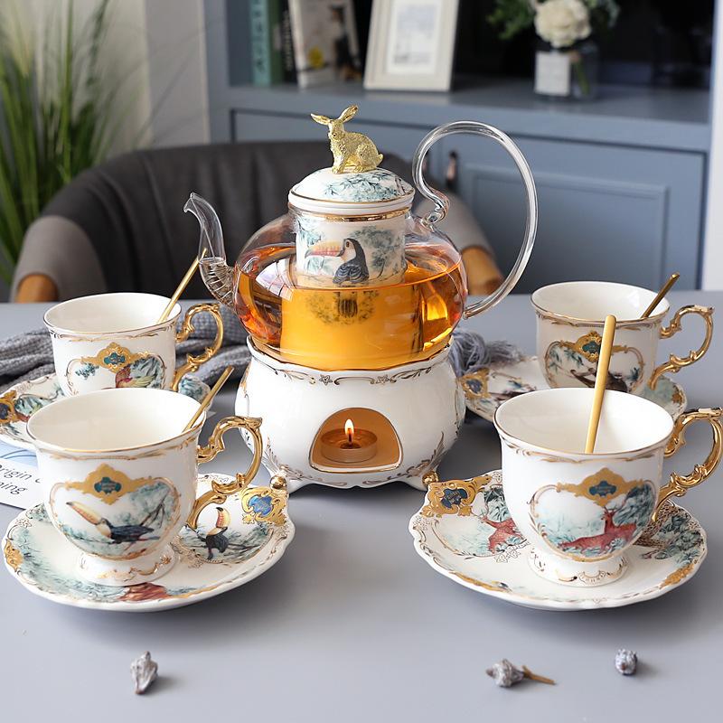 Household Flower Teapot Set Ceramic Afternoon Tea Flower And Fruit Teacup Tea Set Fruit Glass Pot With Filter Candle Heating