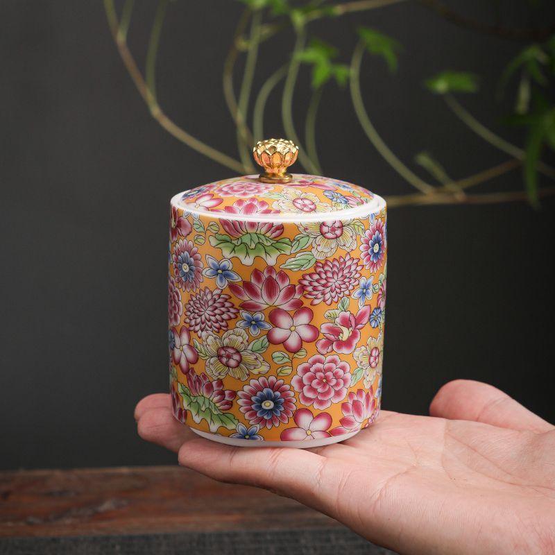 Creative Enamel Painted Flowers Ceramic Tea Jar Moisture-proof Seal Coffee Bean Candy Jar Kitchen Food Storage Container Decor