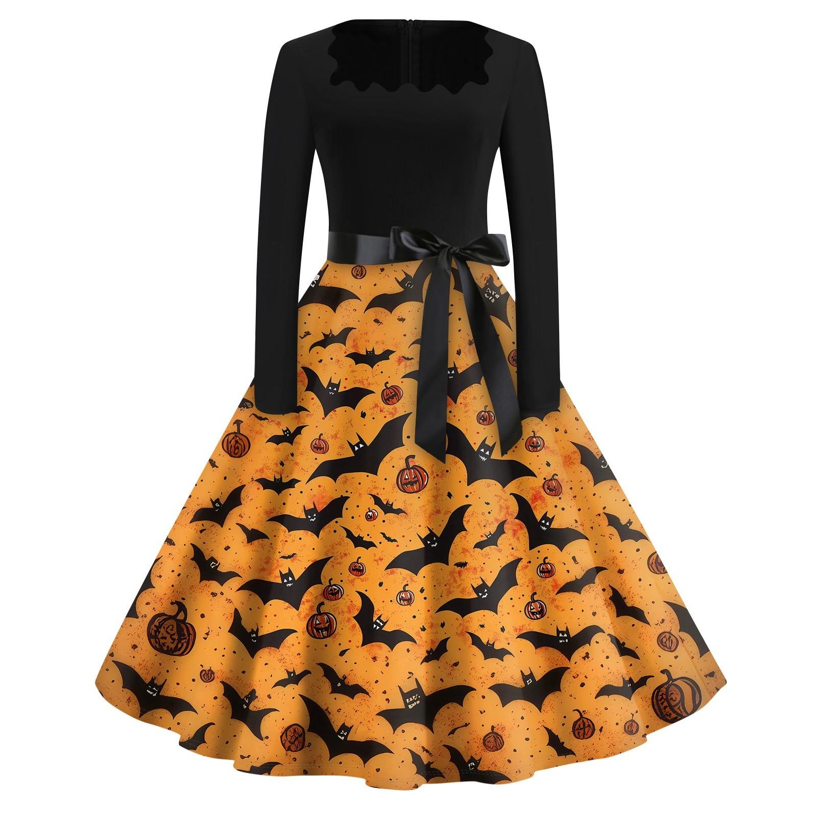 

Платье с расклешенным принтом на Хэллоуин для женщин, платье с длинным рукавом, полые вечерние повседневные платья M