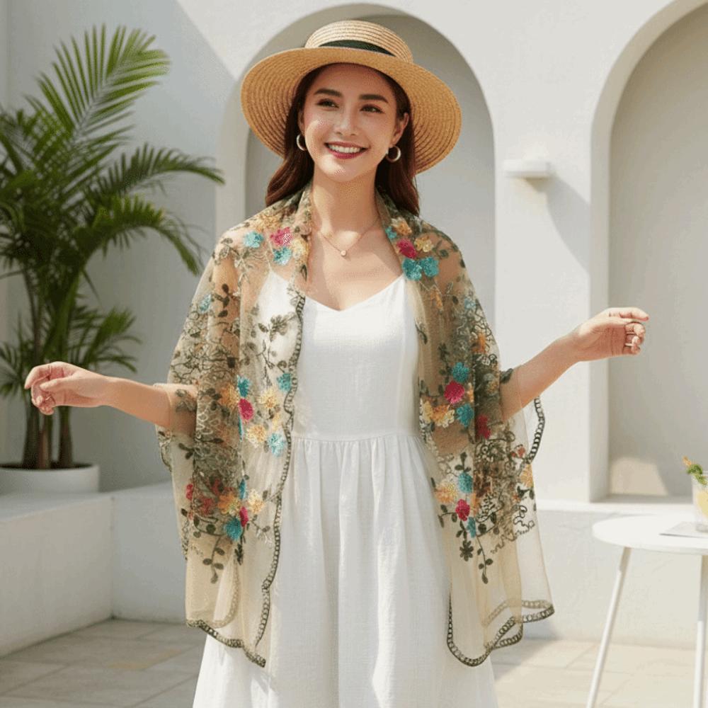 Lightweight Ethnic Sheer Shawl Embroidered Long Lace Scarf Boho Floral Headwrap  Holiday Gift