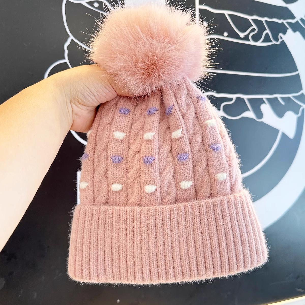 Unisex Wool Polka Dot Knit Hat: Thickened, Warm & Trendy for Autumn/Winter One Size розовый