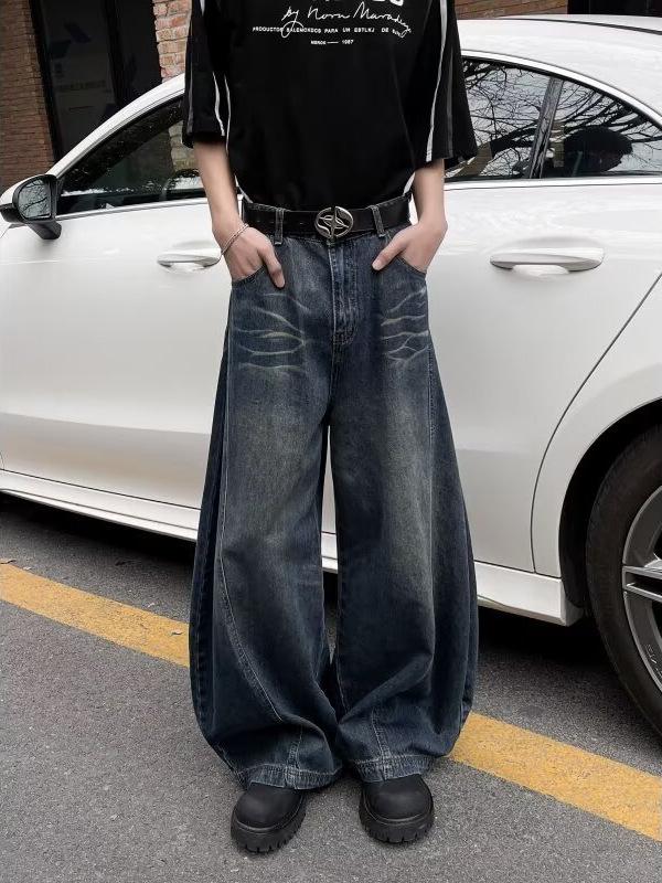 Men's American Retro Washed Black Wide-Leg Scimitar Jeans