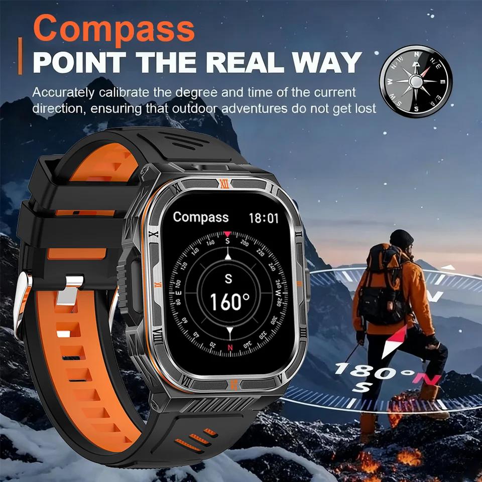 New 1100mAh Battery Outdoor Ultra Durable Men Smartwatch Flashlight Heart Rate Bluetooth Call IP68 Waterproof Sports Smart Watch