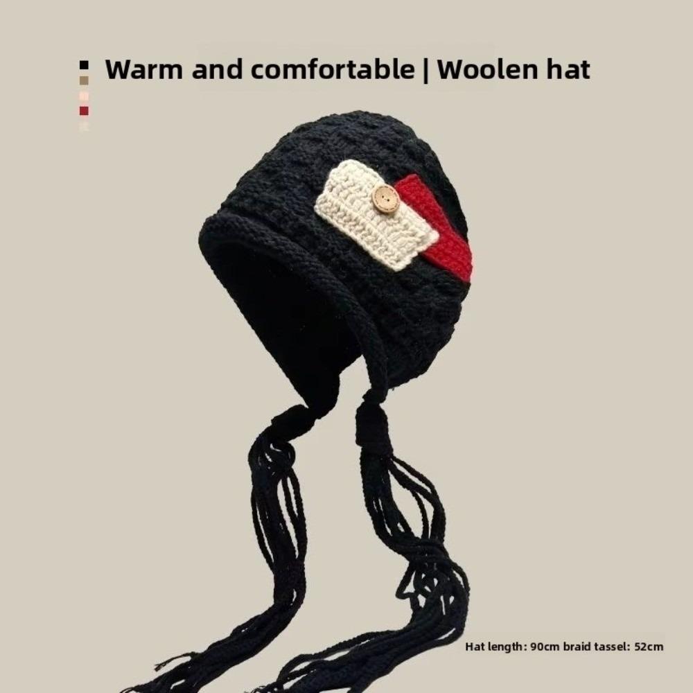 Cloth Sticker Fringed Knitted Hat Solid Color Handmade Braids Hat Casual Crochet Bonnet