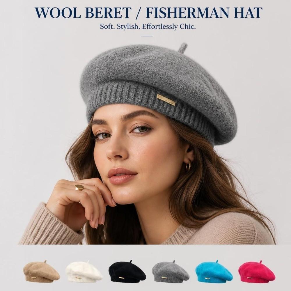 Solid Color Beret Hat Warm Woolen Beanie Cap Retro Knit Cap Women Girl