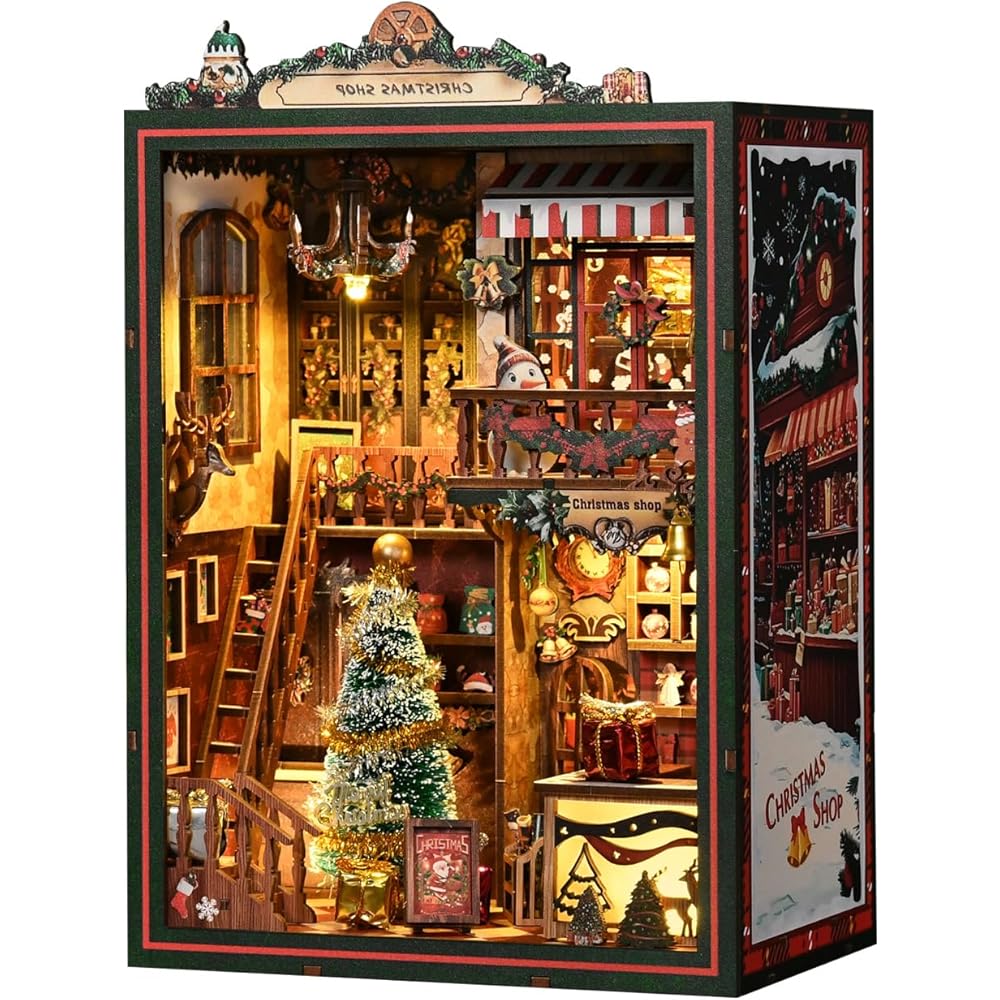 CRESYMME Miniature House Dollhouse Book Nook Kit Wooden DIY 3D Craft Christmas Decoration