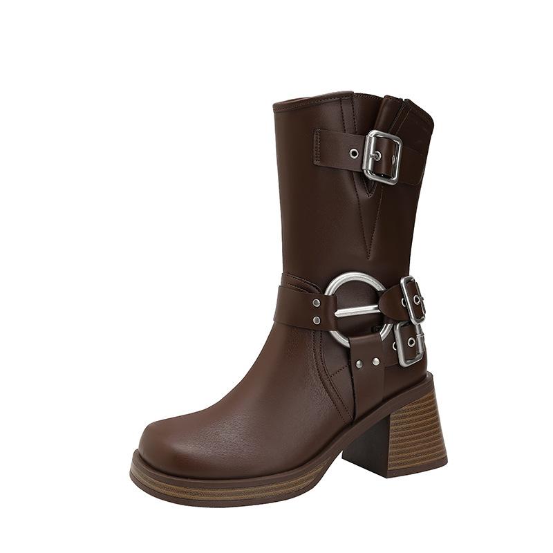 Three-buckle version retro short locomotive Martin boots 2025 autumn belt buckle thick heel heightening short boots autumn and winter women