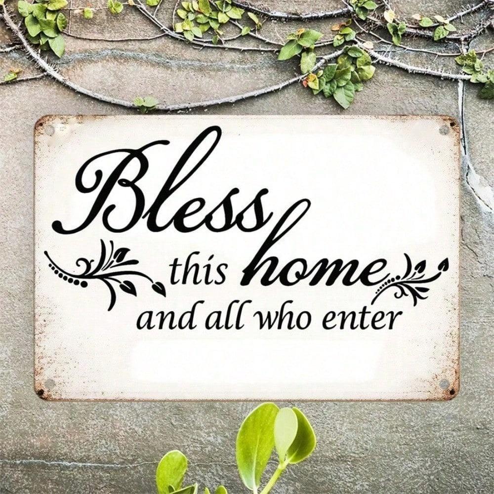 1pc Bless This Home 2D Flat Vintage Metal Tin Sign, Inspirational Quote Wall Art Plaque, Retro Decor for Living Room Kitchen