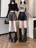 Petite High-Waisted Khaki PU Leather A-Line Shorts for Women - Wrinkle-Resistant, Wide-Leg Bootcut, Autumn/Winter Wear.