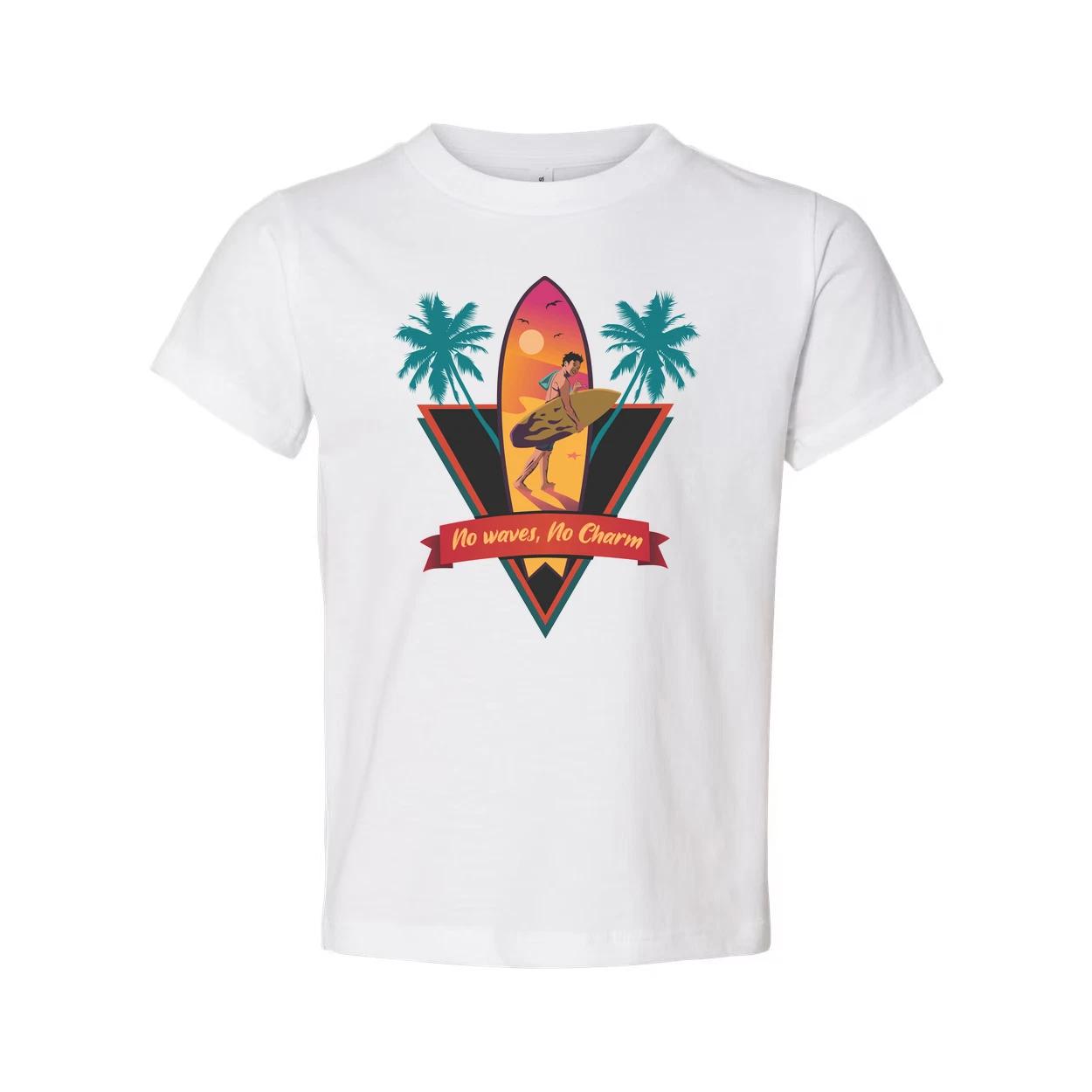 

Unisex Surfing Graphic Tee With Sunset Surfer, Palm Trees And No Waves, No Charm M