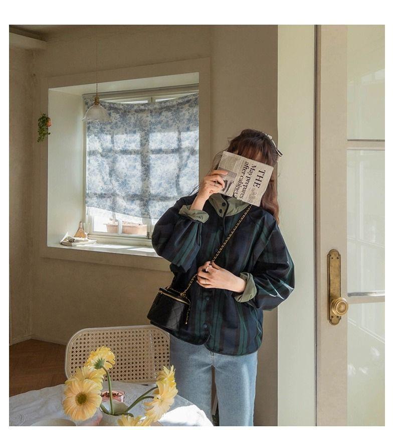 Women's Versatile Reversible Plaid Short Jacket - Korean Style, Spring/Autumn 2025, Loose Fit, Small Size Trench Coat