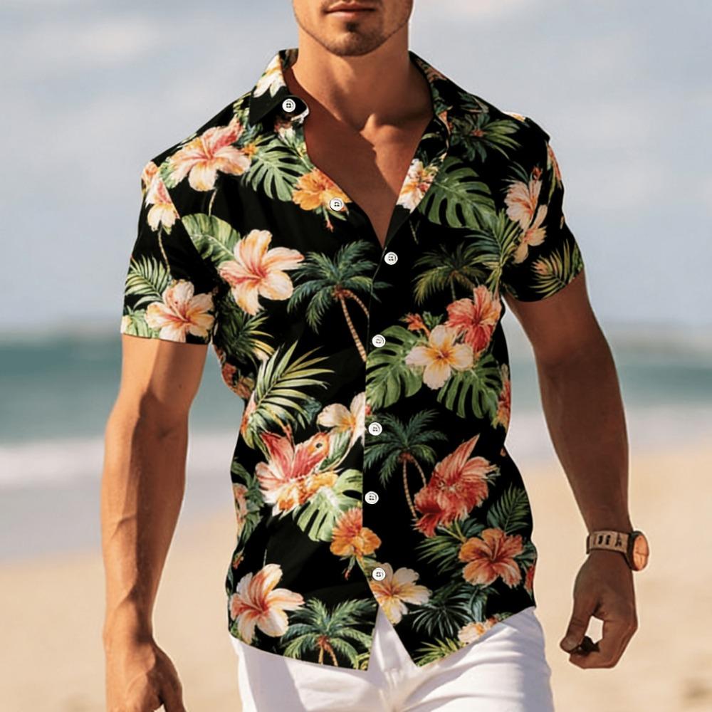 Men's Tropical Floral Print Short Sleeve Shirt, Spring Summer Cool Vacation