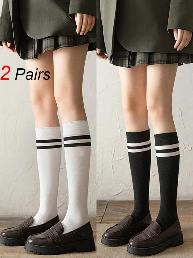 2 Pairs Women Black White Striped Knee High Socks Fashionable Classic Double Bar Socks Comfortable Sweat Absorbing Casual Socks