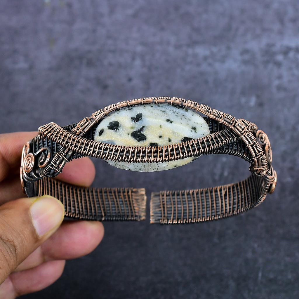 Natural Dalmation Jasper Gesmtone Copper Wire Wrap Cuff Bangle Adjustable A5R19