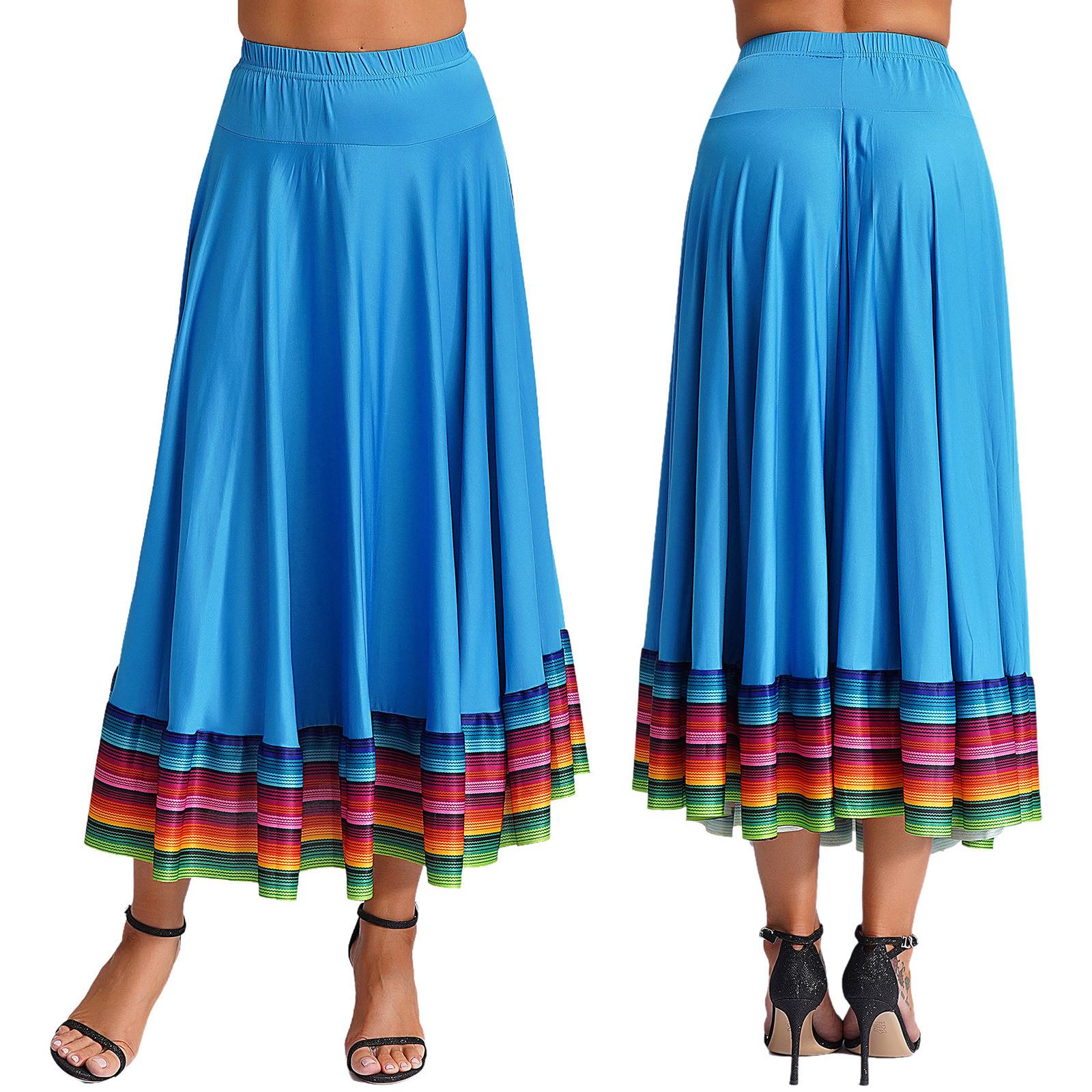 

Womens Colorful Stripe Hem Skirt Elastic Waistband Flamenco Ballroom Dance Folk Dancing Stage Performance Skirt XXL