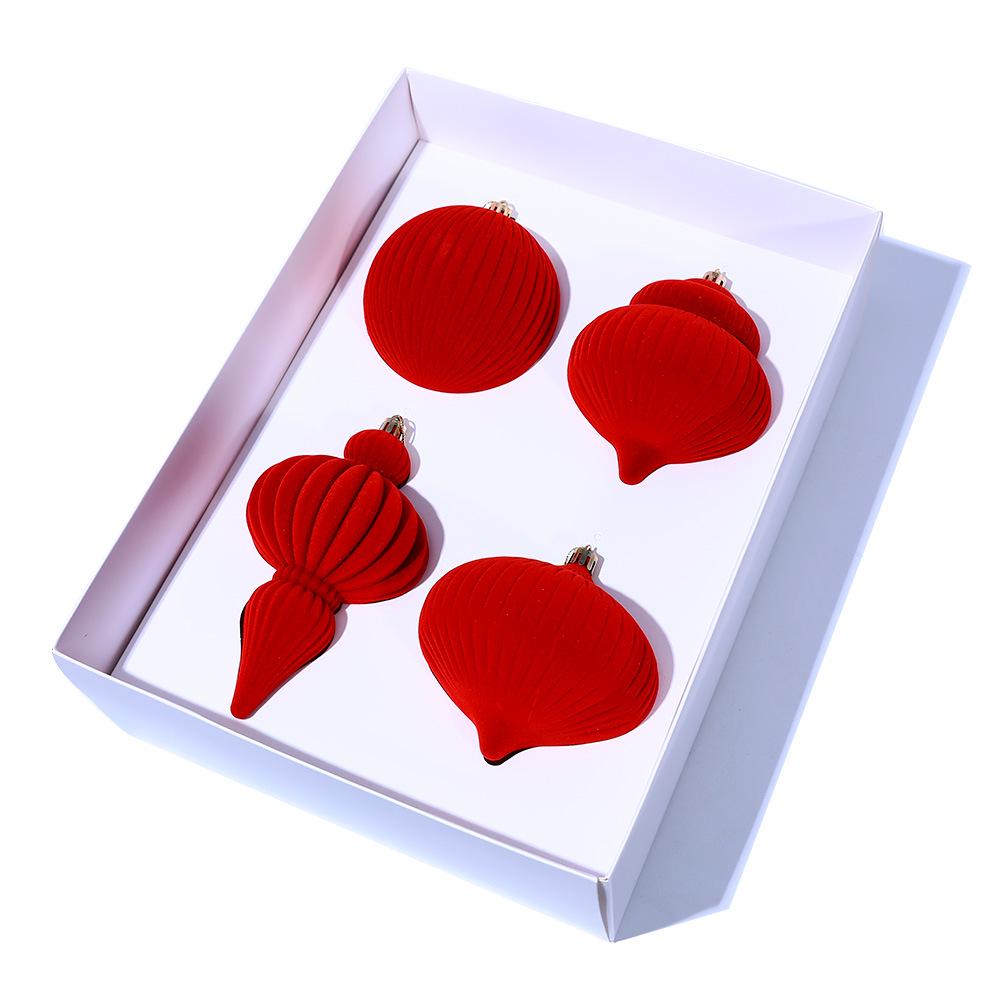 Cross-Border Ins Style Gourd-Shaped Flocked Christmas Tree Ornament 4pcs красный