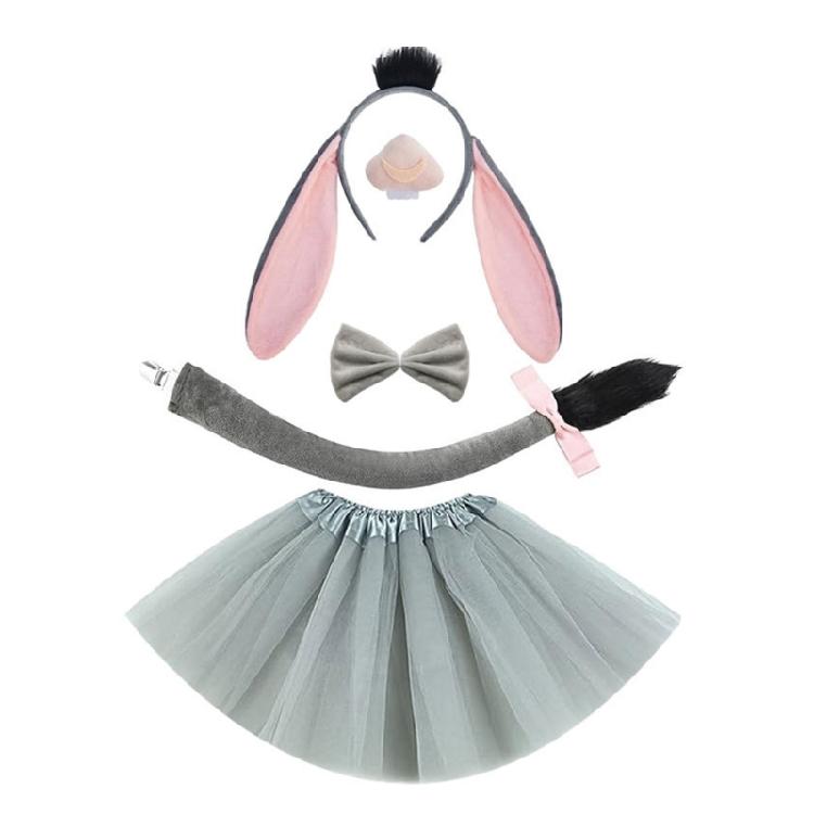 Donkey Ear Headband Tail Bowtie Skirt Nose with Teeth Halloween Donkey Animal Outfit Accessory for Kids Boy Girl Cosplay