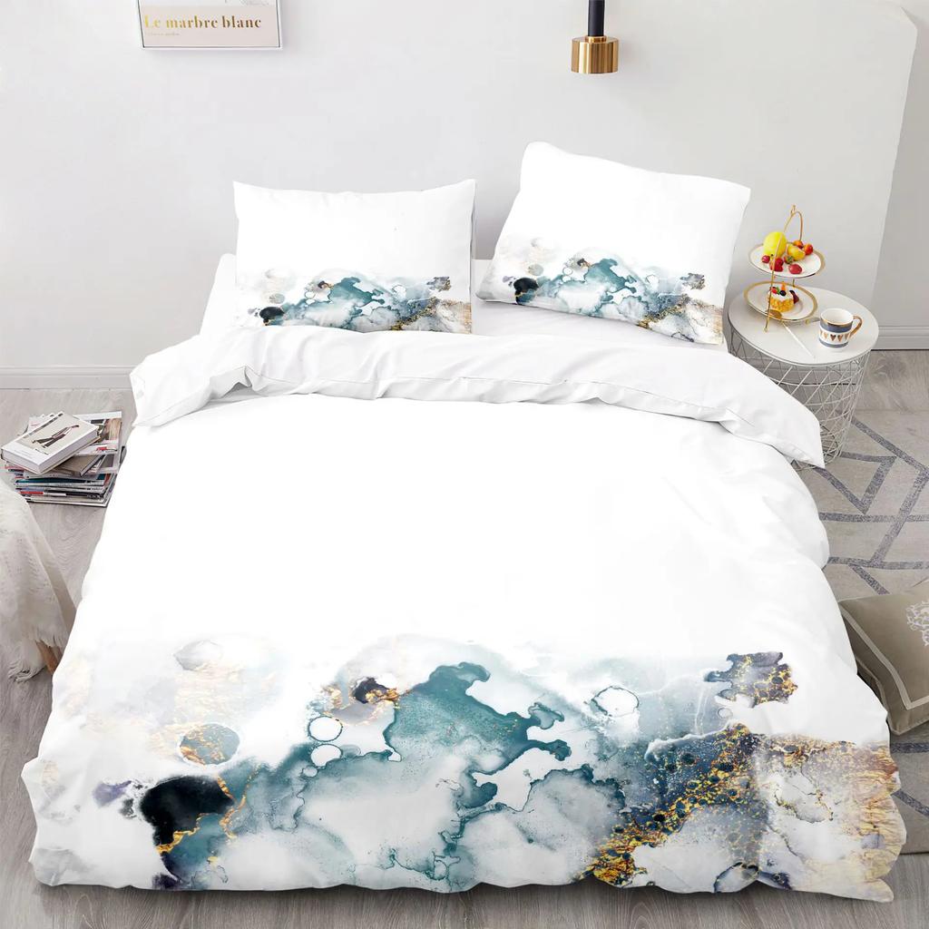 Modern Gold Blue Marble Soft Duvet Cover Women Kid Gift Gliter Abstract Marble Luxurious Ink Plus Wash Art Theme Bedrom Decorations