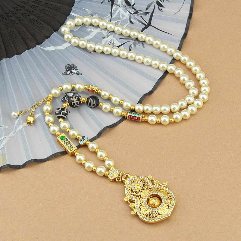 Kuaishou Rhinestone Gourd Pearl Necklace with Rotatable Pendant - Versatile Chinese Style Long Sweater Chain for Women