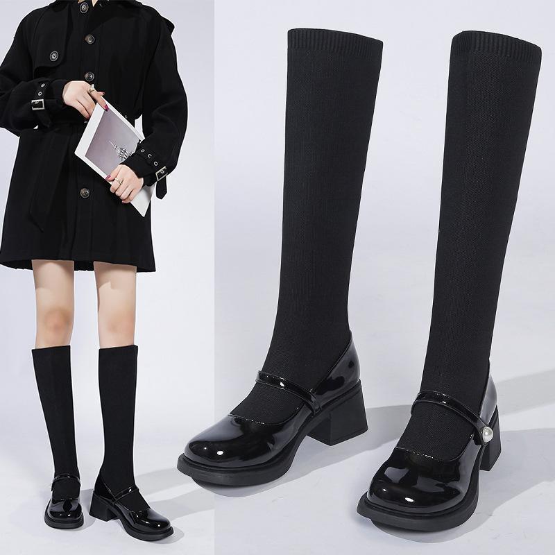 

Обувь Marry Jane Женские ботинки Осенние ботинки из эластичной ткани Женские туфли на платформе Черные длинные сапоги до колена Женская обувь для вечеринок Черные ботинки-носки JK Shoes