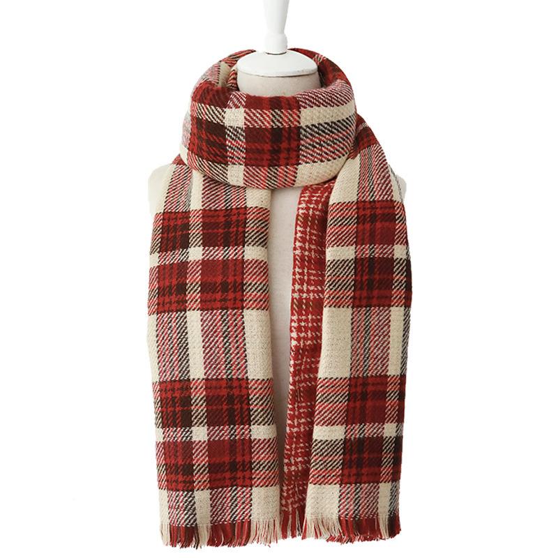 Retro plaid scarf Korean version of female versatile autumn and winter double-sided thickened thousand bird plaid shawl Christmas student scarf tide 200cm