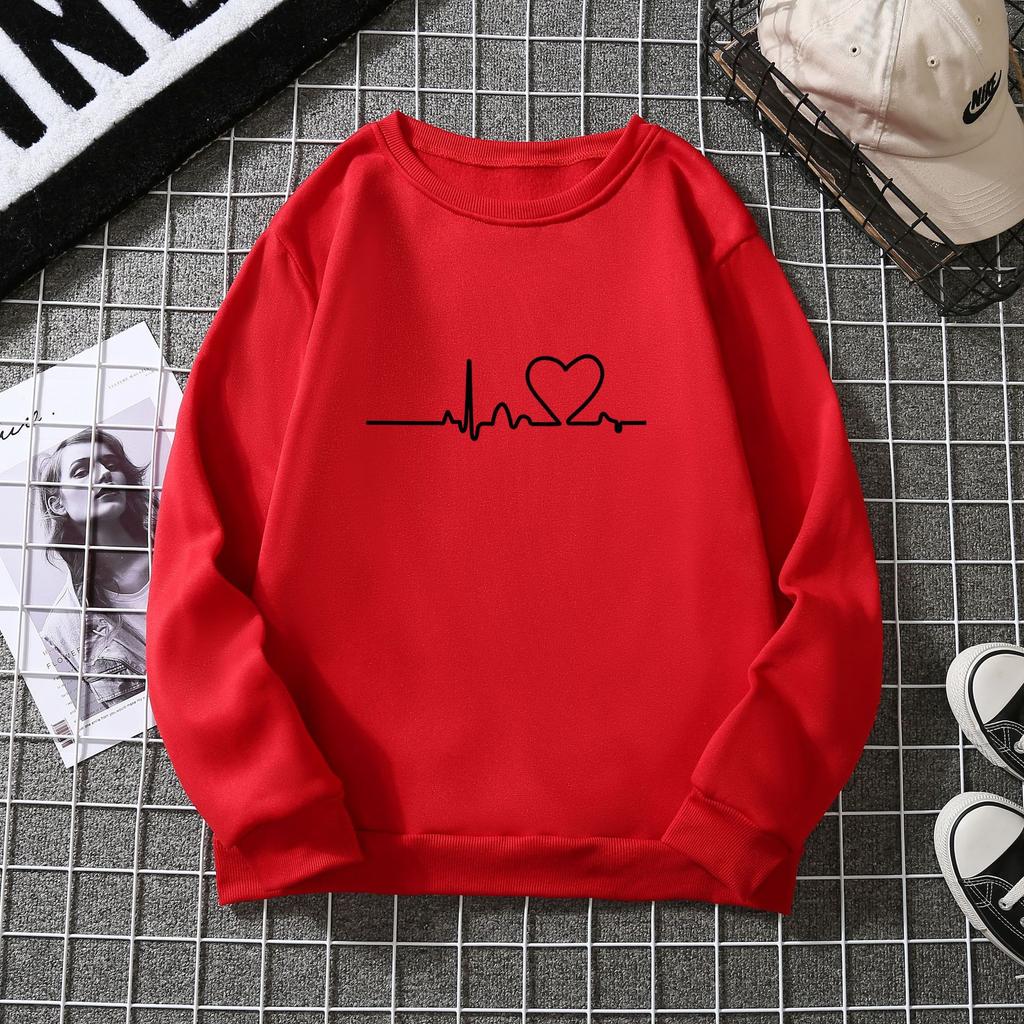 Autumn Winter Ladies Heartbeat Print Sweatshirt Student Pattern Plush Hooded Women Long Sleeve Pullover Hoodie
