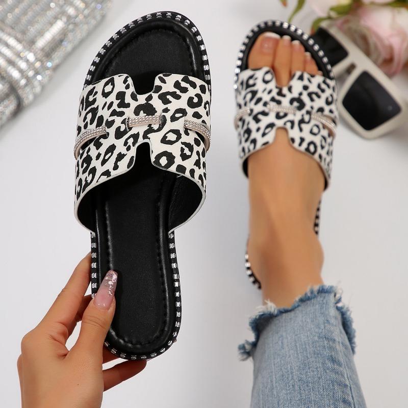 Large Size Summer New Flat-bottomed Casual Leopard Print One-word Rhinestone Women's Cool Slippers