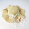 Sweet Lightweight Straw Hat Lace Bow Woven Straw Wide Brim Hat Flat Top Breathable Sun Hat Spring Outing