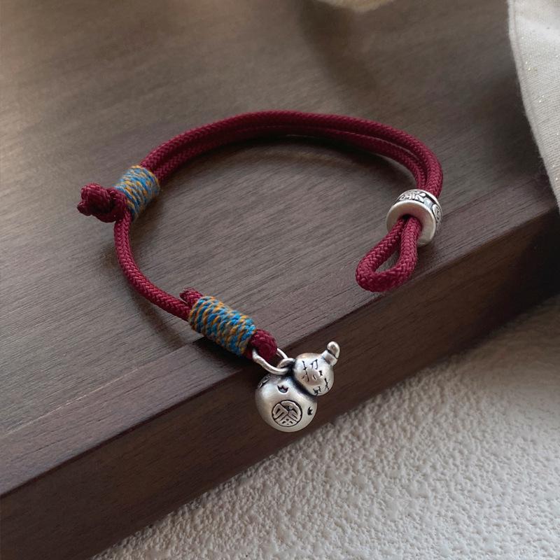 S999 Sterling Silver Gourd Bracelet: Women s Chinese-Style Red String, Retro Hand-Woven Jewelry Pure Silver
