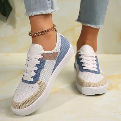 Damenschuhe 2024 Mesh Damen Vulkanisierschuhe Atmungsaktive Damen Sneaker Gemischte Farben Schnürung Flach Outdoor Damen Freizeitschuhe
