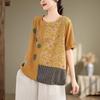 DIMANAF 2024 Verão Plus Size Mulheres Camisetas Estampa Floral Elegante Manga Patchwork Tops Tees Solto Casual Camisa de Linho 91688