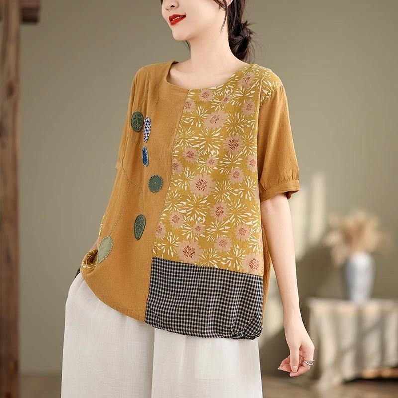 DIMANAF 2024 Verão Plus Size Mulheres Camisetas Estampa Floral Elegante Manga Patchwork Tops Tees Solto Casual Camisa de Linho 91688