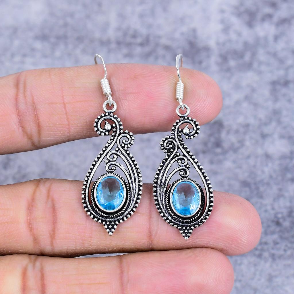 Swiss Blue Topaz Gemstone 925 Sterling Silver Jewelry Earring 2.09" M-2702