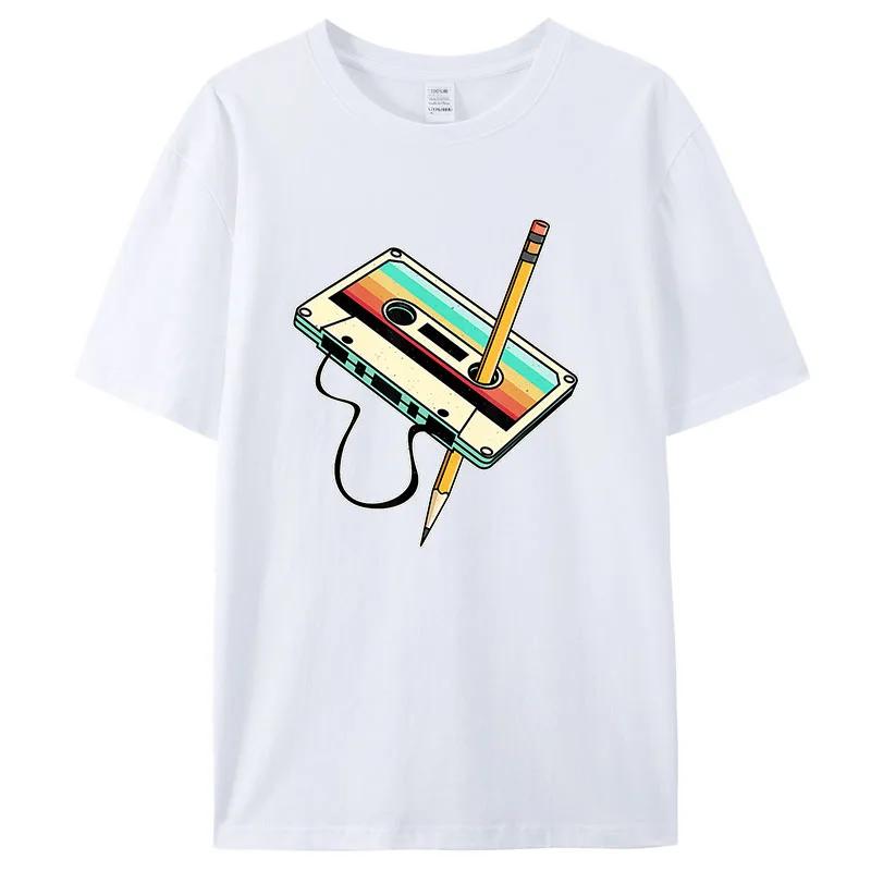 Cassette Tape Pencil Pattern Print Short Sleeve Retro Vintage Throwback Music TShirt Women Daily Versatile Round Neck Top