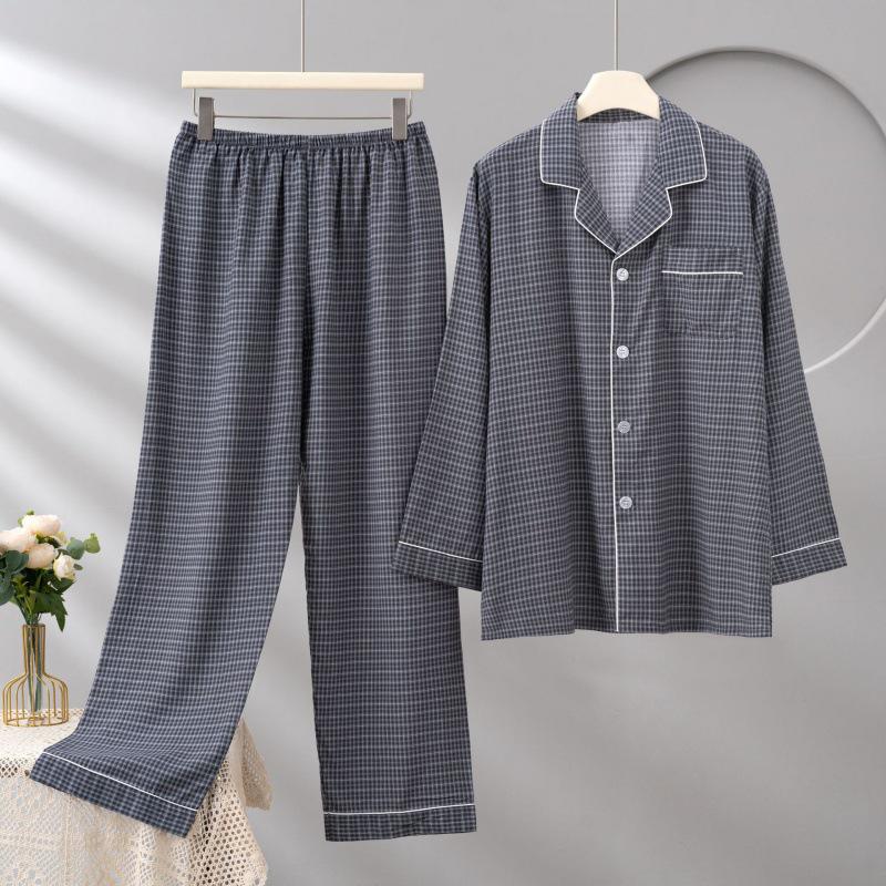 Men's Cotton Silk Long Sleeve Pajama Set, Plus Size, Cardigan, Wear Outdoors, Internet Trend, Pure Cotton, Simple & Comfortable Homewear