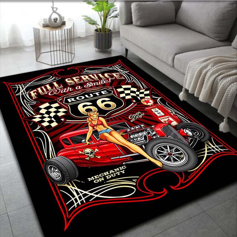

Route 66 Vintage Car Mat - Retro Pin-Up Non-Slip Rug for Living Room, Bedroom & Office, Machine Washable Decor 40x60cm