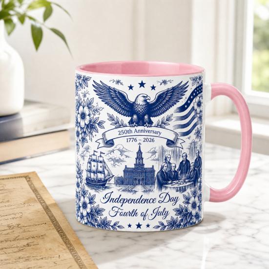 Yousheng USA 250th Anniversary Blue Mug, Patriotic Ceramic Coffee Cup with Eagle Flag Design, Independence Day Gift for Veterans Men Women
