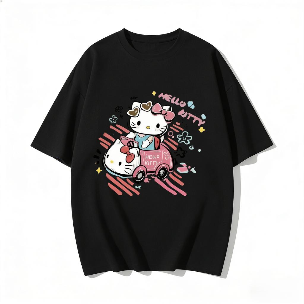 2026 New Arrival Kawaii Hello Kitty Pink Car Print Couple T Shirts Casual Loose Family Matching Outfits Parentchild Tees Tops