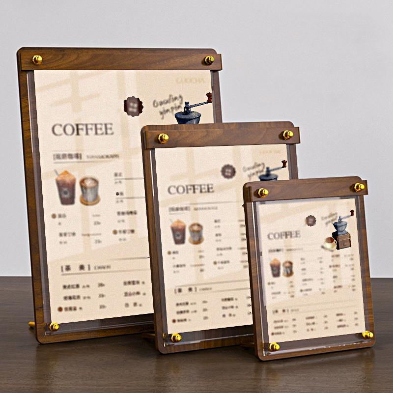 1PC Solid Walnut Wood Top Display Clipboard Restaurant High-grade Coffee Price List Dinner Acrylic Menu Table A4/A5/A6