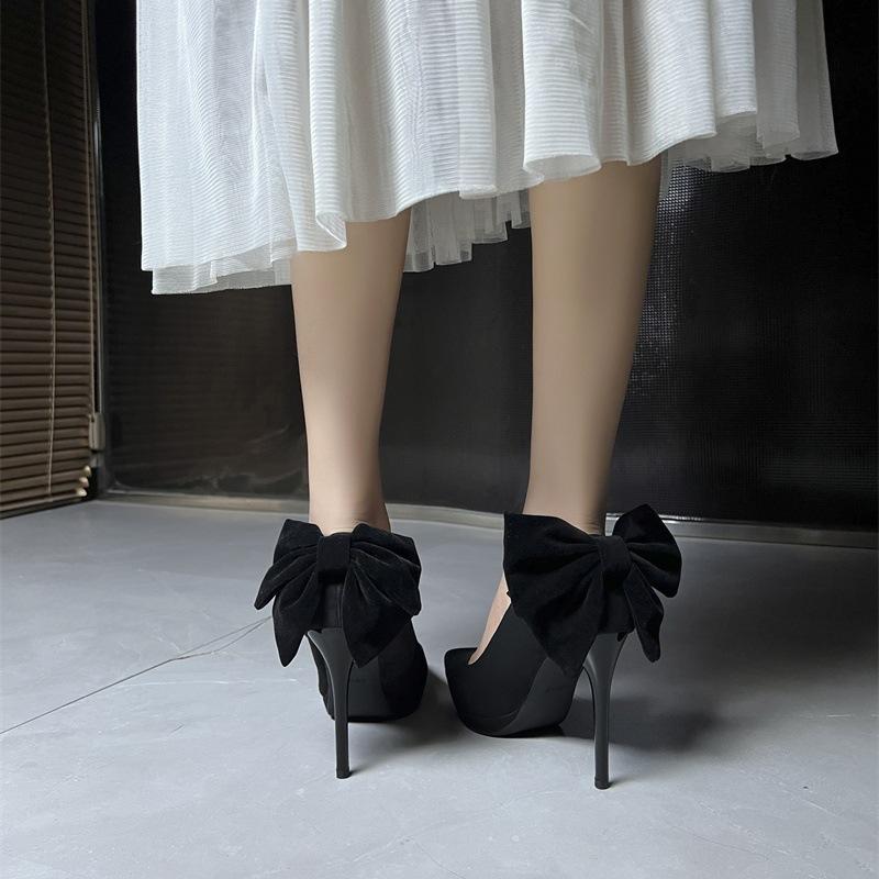 

Bow waterproof table stiletto high heels women s black 2025 new autumn and winter with skirt not tired feet single shoes 40