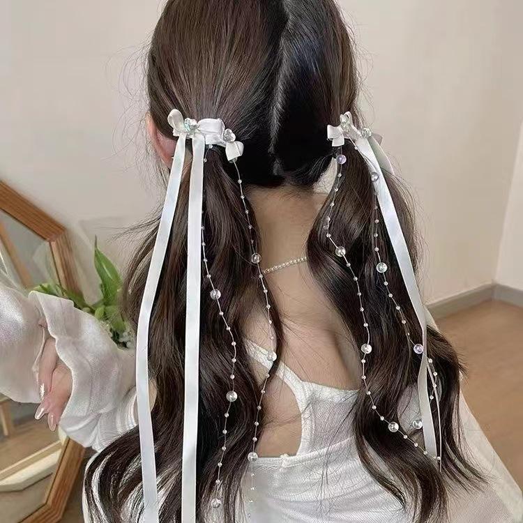 Fermaglio per Capelli con Nappa e Fiocco in Perline e Nastro Francese per Bambine – Doppia Pinza Intrecciata Stile Balletto