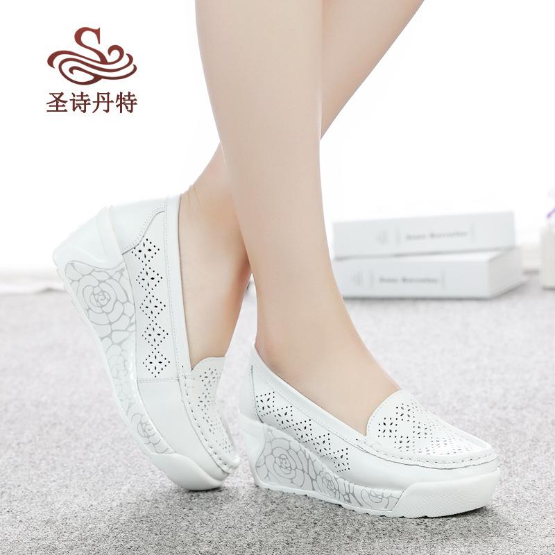 

Четыре сезона Удобная женская обувь Увеличение высоты Кожаная платформа Туфли медсестры Повседневные белые туфли на танкетке для женщин 37