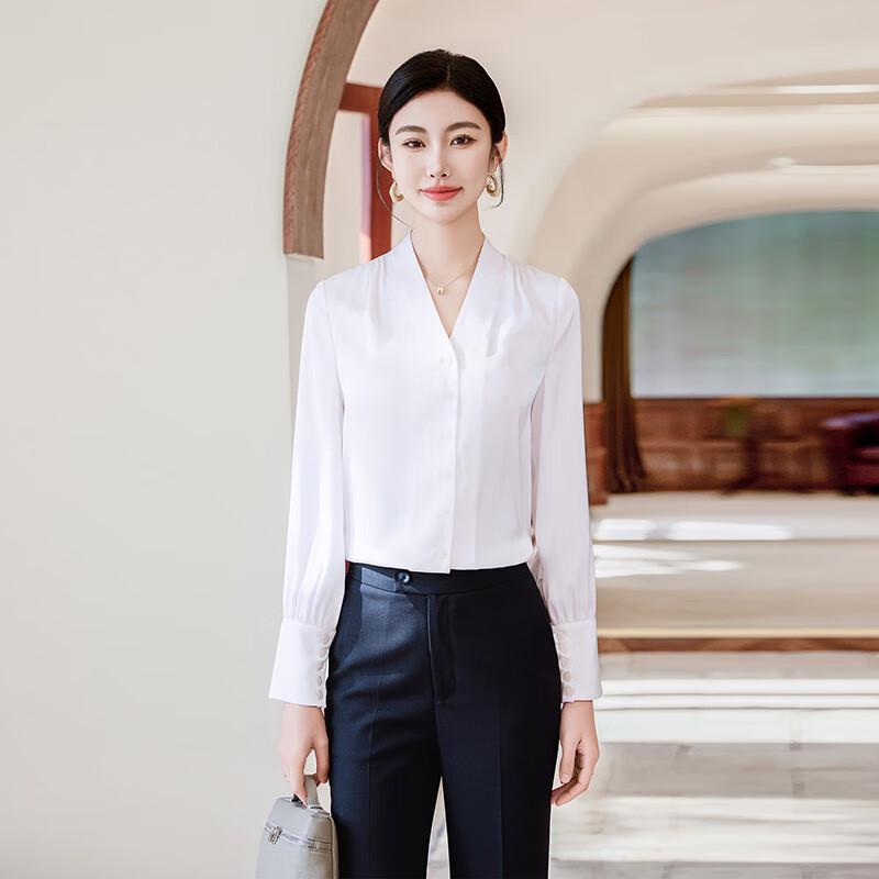 Taluoman Women s Premium White V-Neck Long-Sleeve Business Shirt L