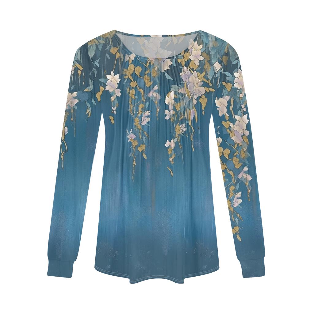 Women's Fashion Casual Pleated Round Neck Vintage Floral Print Long Sleeve T,Shirt Top