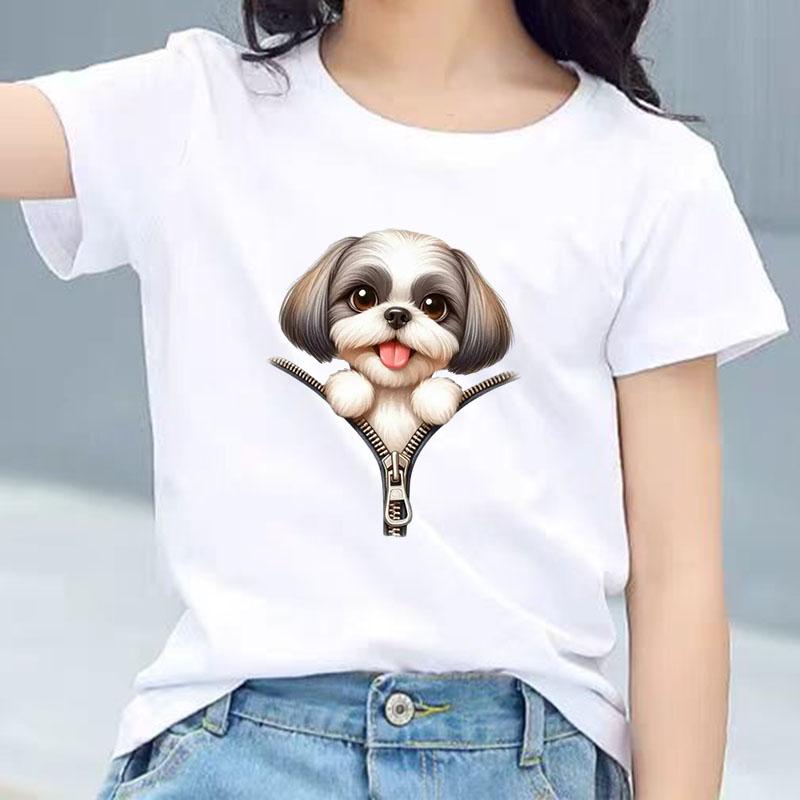 Kids Cotton T Shirt Sweet Puppy Dog Zipper Print Crew Neck Short Sleeve Tee Casual Boys Girls Summer Tops 100