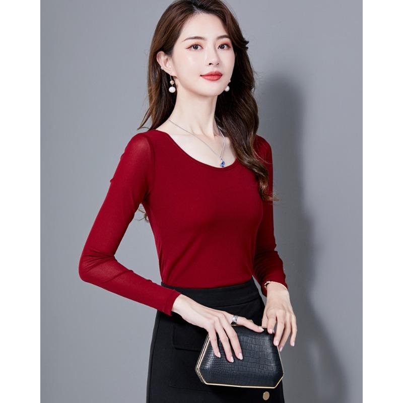 Four Seasons Womens Clothing Mesh Base Womens Long-sleeved T-shirt Underwear Glittering Silk Top M