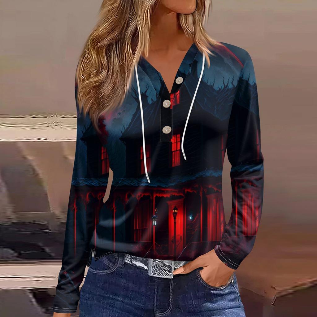 Damska Moda Casual Halloween Nadrukowana Bluza z Kapturem Ozdobny Guzik Koszulka z Długim Rękawem